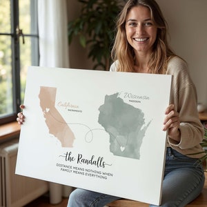 Familie cadeau lange afstand, twee locaties digitale kaart gekoppeld hart, gepersonaliseerd cadeau familie en vrienden, verhuiscadeau, kaart twee landen