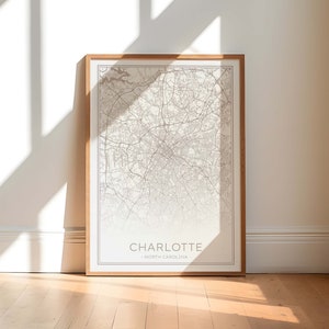 Carte de Charlotte, impression de Charlotte en Caroline du Nord, carte de Charlotte imprimable, carte neutre des rues de Charlotte, impression de Charlotte beige, carte de Charlotte