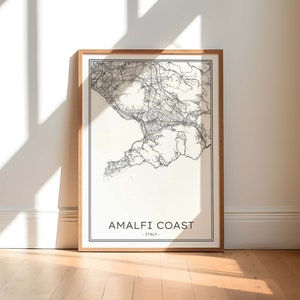 Impression de la côte amalfitaine, contour carte de la côte amalfitaine, affiche minimaliste de la côte amalfitaine, art mural Italie côte amalfitaine, carte noir et blanc de la côte amalfitaine