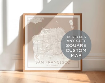 Square City Map, Custom Map Print, Any Location Map, Any City Map, Neutral Square Map, New Home Gift,  Moving Gift, Paper Anniversary Gift