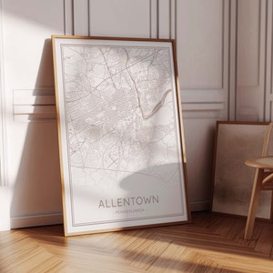 Impresión de mapas de Allentown Pensilvania, Mapa de la calle Allentown, Mapa beige de Allentown, Impresión neutral de mapas de Allentown, Cartel neutral del mapa de Allentown