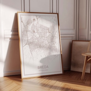 Carte de Breda, impression Breda, affiche Breda beige, impression neutre de carte Breda, carte des Pays-Bas Breda, art mural Breda sépia, art Breda imprimable