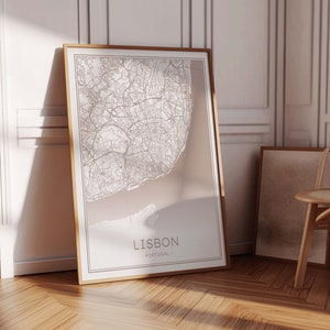 Kaart van Lissabon, kaart van Lissabon Portugal, beige Lissabon print, Boho Lissabon kunst, neutrale Lissabon poster, Portugal Travel print, Lissabon kaart downloaden