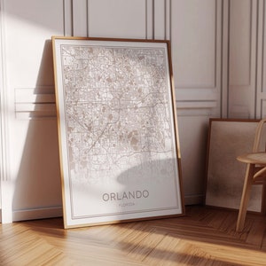 Impresión de mapas de Orlando, Mapa de calles de Orlando Florida, Mapa de Orlando FL, Arte neutral de la pared de Orlando, Impresión de mapas de Orlando pastel, Cartel beige de Orlando