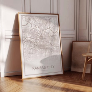 Mapa de Kansas City MO, impresión beige de Kansas City, cartel de Kansas City Missouri, mapa de calles de Kansas City imprimible, impresión neutral de Kansas City