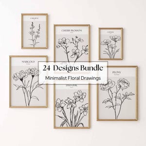 Bundle d'art mural estampes botaniques, lot de dessins de fleurs de naissance, art imprimable fleurs neutres, art floral minimal, dessin au trait fleur de ferme