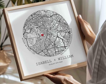 Impresión de mapa circular personalizado, mapas de coordenadas con pin, regalo de aniversario para pareja (descarga digital)