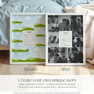 May include: Two white-framed wall art prints displayed side-by-side. The left print shows a template with green hills, blue skies, and a calendar for the month with the text ONE YEAR OF US. The right print features a collage of black and white photos.