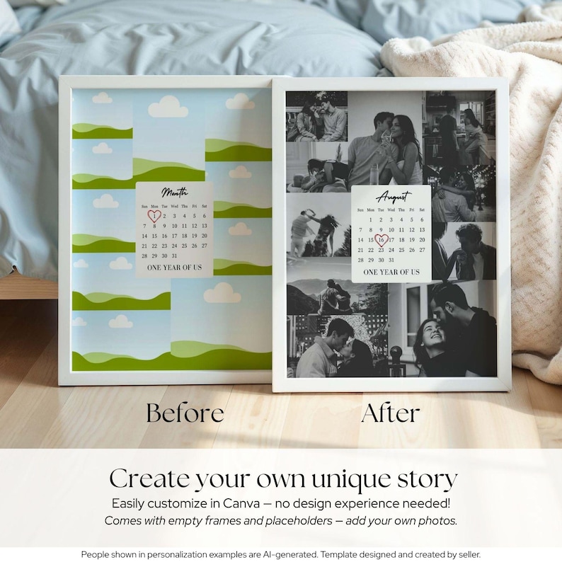 May include: Two white-framed wall art prints displayed side-by-side. The left print shows a template with green hills, blue skies, and a calendar for the month with the text ONE YEAR OF US. The right print features a collage of black and white photos.