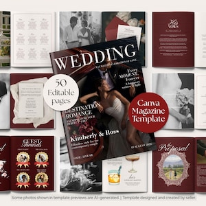 Wedding Magazine Canva Template, Burgundy Wedding Program, 50 Editable Pages
