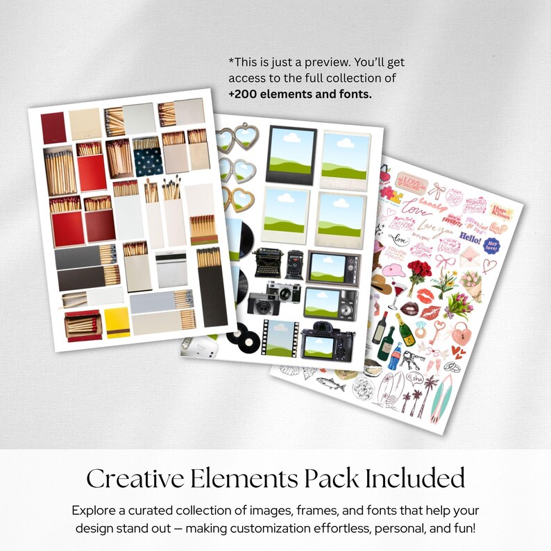 Puede incluir: Se muestra una colecci&oacute;n de elementos creativos, que incluyen im&aacute;genes, marcos y fuentes. La imagen incluye varios elementos de dise&ntilde;o como cajas de cerillas, c&aacute;maras y pegatinas con el texto "Love" y "Hello!". Tambi&eacute;n es visible el texto "Creative Elements Pack Included".