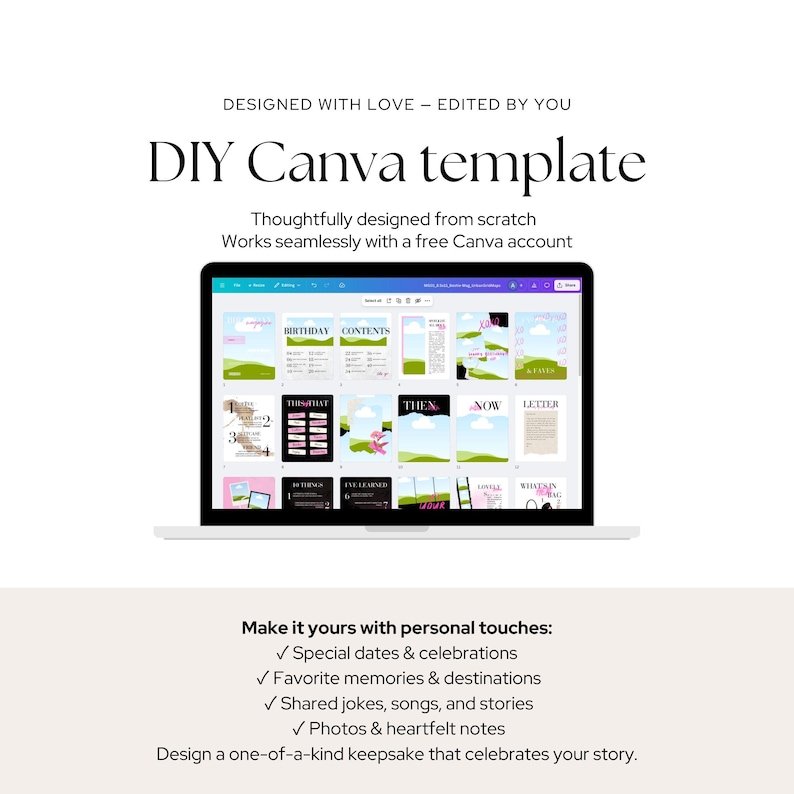 Pu&ograve; includere: Un modello digitale DIY Canva visualizzato sullo schermo di un portatile, con una griglia di vari layout di pagina con elementi grafici verdi, rosa e neri. Il testo include DESIGNED WITH LOVE &ndash; EDITED BY YOU e DIY Canva template.