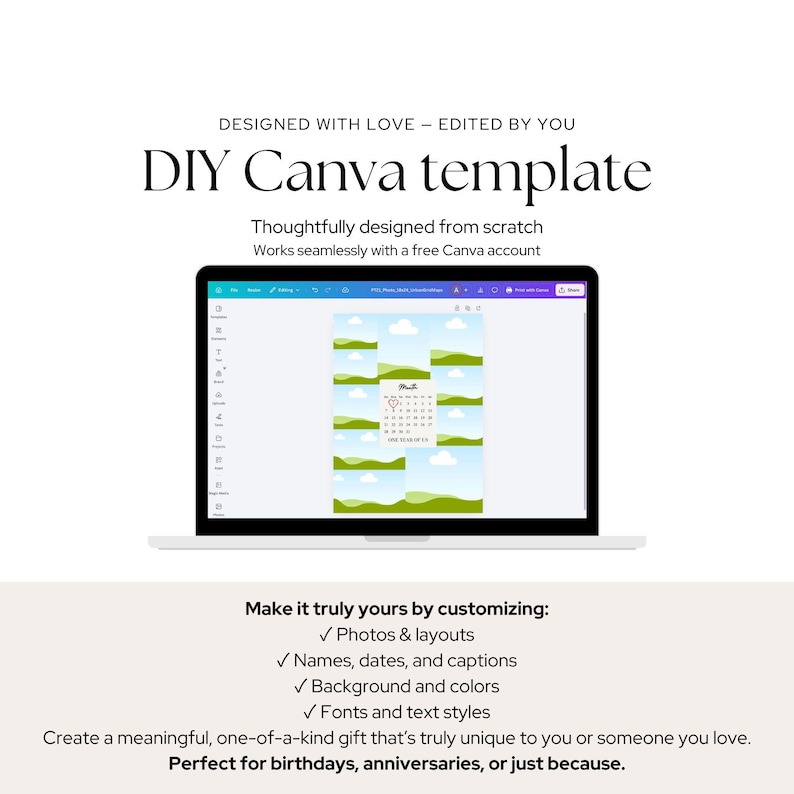 May include: A digital DIY Canva template displayed on a laptop screen, featuring a customizable calendar layout with green hills and blue sky graphics. The text reads: DESIGNED WITH LOVE &ndash; EDITED BY YOU, DIY Canva template, and customization options.