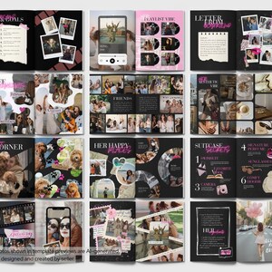 Pu&ograve; includere: Un modello di scrapbook digitale con pi&ugrave; pagine con sfondi neri, intestazioni di testo rosa e layout di collage fotografici. Le sezioni includono Dreams & Goals, Playlist Vibe, Letter From Boyfriend, Bee Highlights, Friends, Aesthetic Vibe, Pet Corner, Her Happy Places, Suitcase Secrets e Her Ingredients.