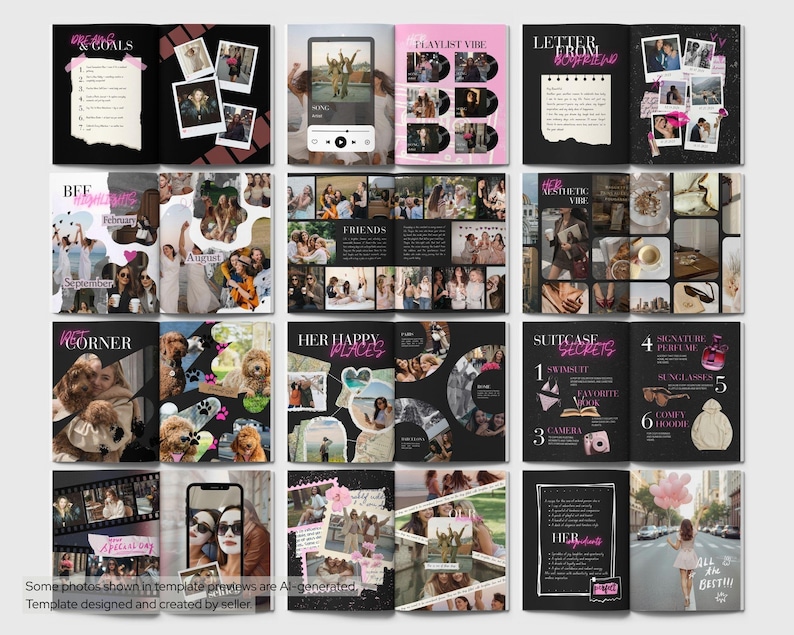 Pu&ograve; includere: Un modello di scrapbook digitale con pi&ugrave; pagine con sfondi neri, intestazioni di testo rosa e layout di collage fotografici. Le sezioni includono Dreams & Goals, Playlist Vibe, Letter From Boyfriend, Bee Highlights, Friends, Aesthetic Vibe, Pet Corner, Her Happy Places, Suitcase Secrets e Her Ingredients.