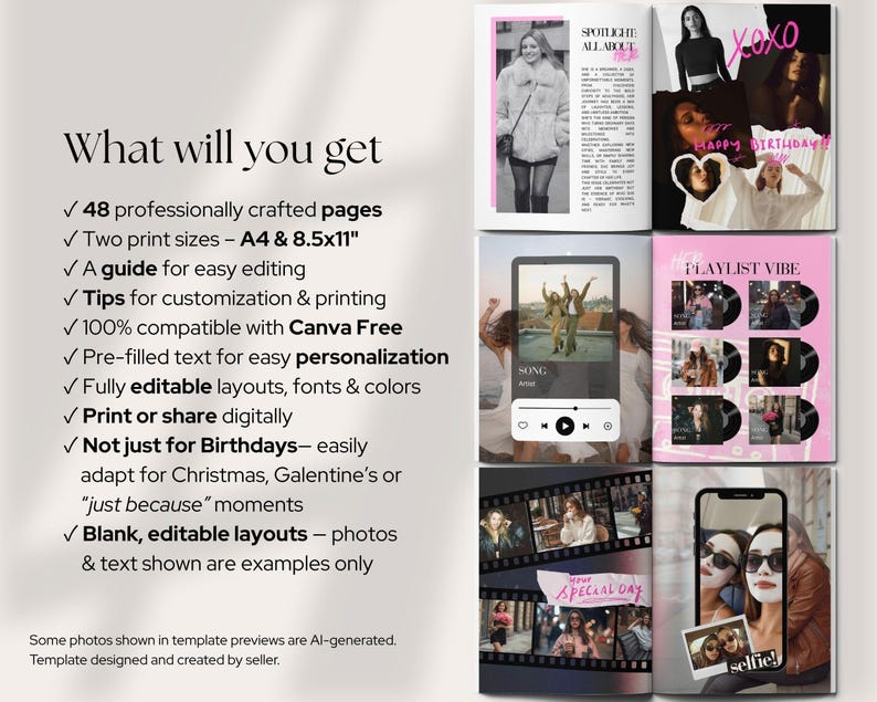 Pu&ograve; includere: Un set di modelli digitali con 48 pagine modificabili nei formati A4 e 8,5x11 pollici. Il layout include testo precompilato, caratteri e colori personalizzabili, compatibili con Canva. Mostra vari collage di foto, grafiche di lettori musicali ed elementi a pellicola.