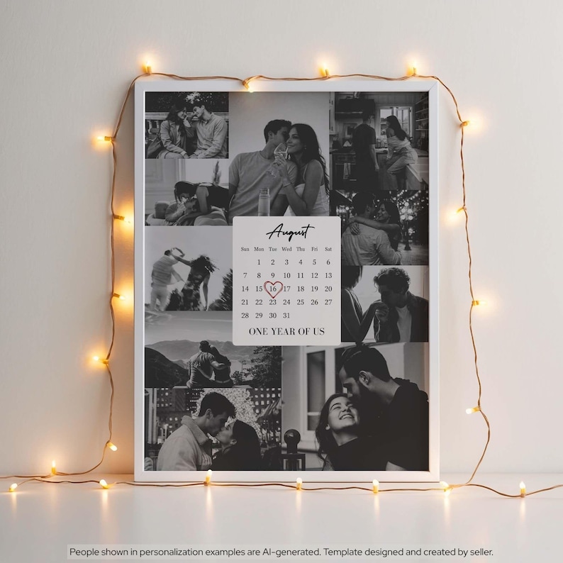 May include: A rectangular photo collage print featuring multiple black and white images of couples. A central calendar for August with a red heart around the 16th and the text ONE YEAR OF US is displayed. The print is framed in white.