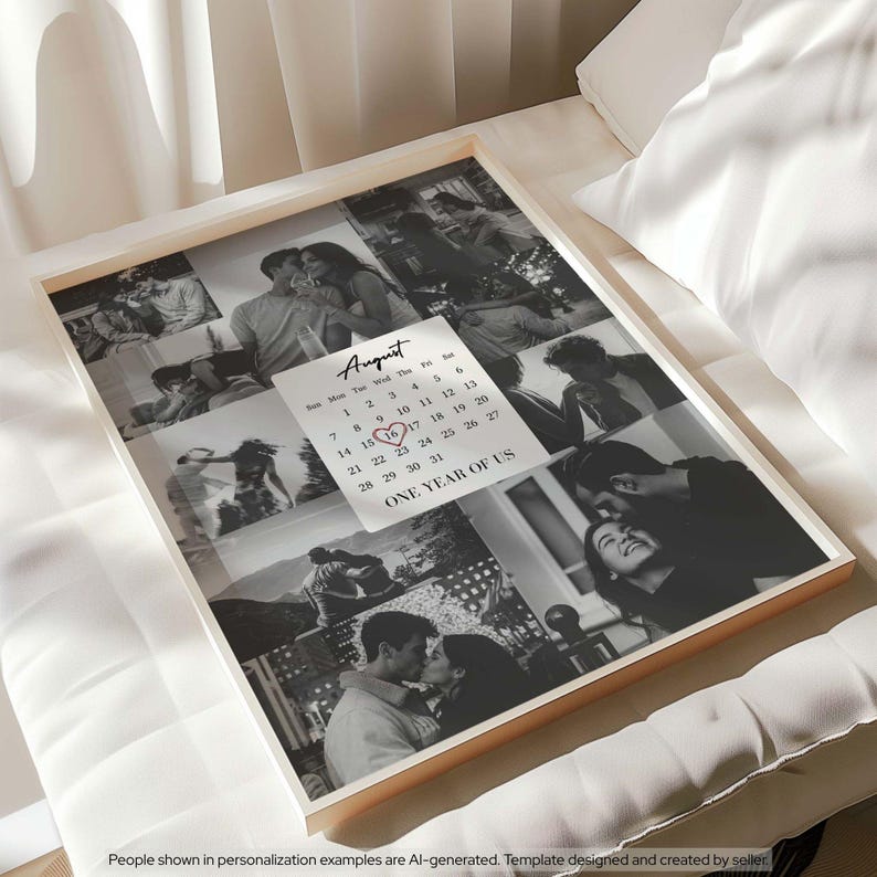 May include: A framed photo collage print featuring multiple black and white images of a couple. A central white calendar block for August displays the text August and ONE YEAR OF US, with a red heart drawn around the number 16 on the calendar.