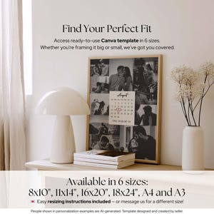 May include: A framed photo collage poster featuring a central August calendar page with the text ONE YEAR OF US. The text Find Your Perfect Fit and Available in 6 sizes: 8x10", 11x14", 16x20", 18x24", A4 and A3 is printed on the image.