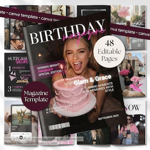 Pu&ograve; includere: Un modello di rivista digitale con 48 pagine modificabili a tema compleanno. La copertina mostra una torta rosa a forma di cuore con una candelina, il testo BIRTHDAY, Glam & Grace e September 2025, insieme a varie anteprime di layout.
