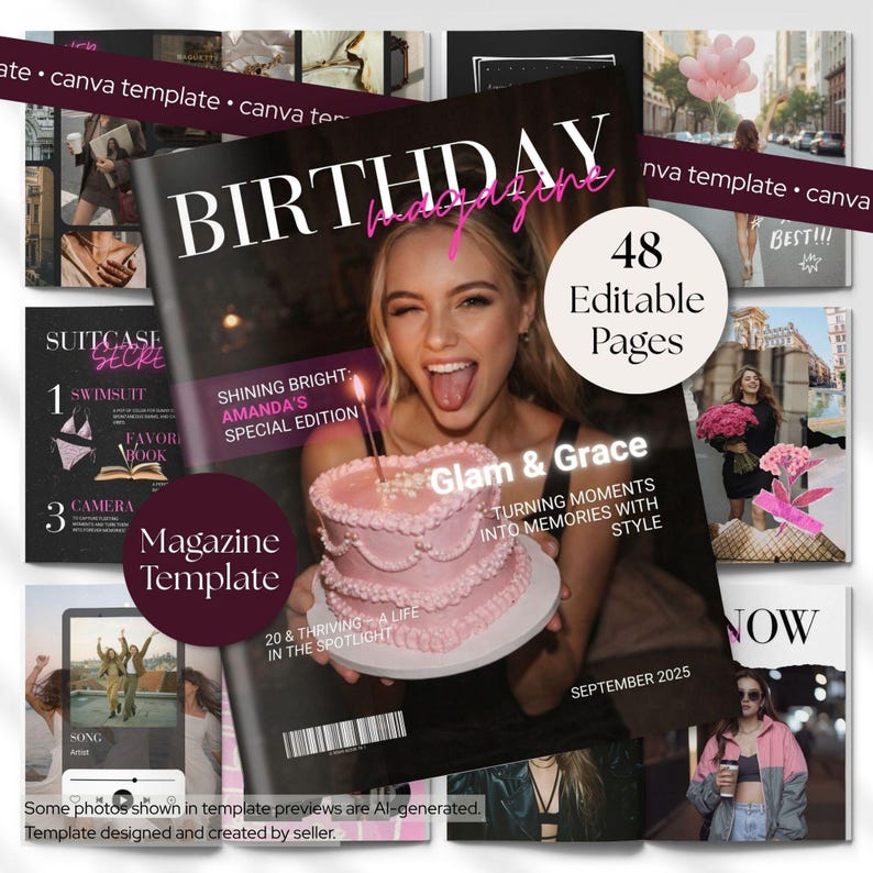 Pu&ograve; includere: Un modello di rivista digitale con 48 pagine modificabili a tema compleanno. La copertina mostra una torta rosa a forma di cuore con una candelina, il testo BIRTHDAY, Glam & Grace e September 2025, insieme a varie anteprime di layout.