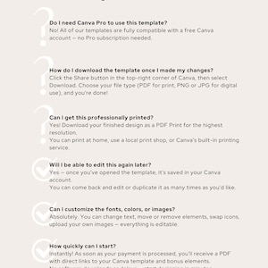 Puede incluir: Gr&aacute;fico beige y blanco con el texto "the FAQs" en la parte superior. El texto responde preguntas sobre una plantilla de Canva, incluyendo c&oacute;mo descargarla, editarla y personalizarla. El gr&aacute;fico incluye el logotipo "URBANGRID MAPS".