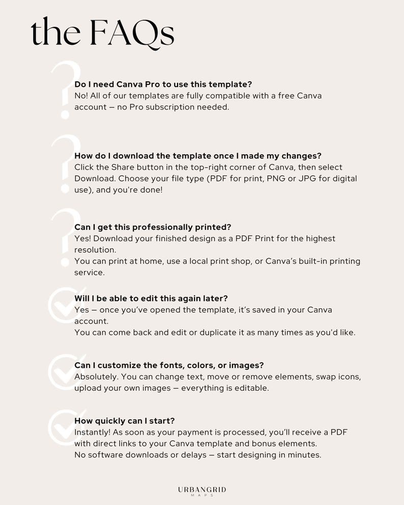 Puede incluir: Gr&aacute;fico beige y blanco con el texto "the FAQs" en la parte superior. El texto responde preguntas sobre una plantilla de Canva, incluyendo c&oacute;mo descargarla, editarla y personalizarla. El gr&aacute;fico incluye el logotipo "URBANGRID MAPS".