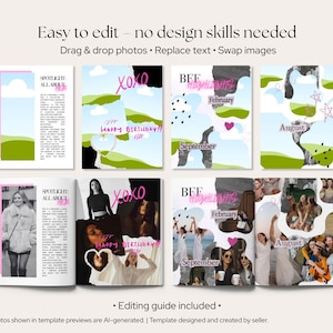 Pu&ograve; includere: Un set di modelli per scrapbook digitale con pagine Canva vuote ed esempi di personalizzazione. Il design include forme astratte, testo rosa scritto a mano come XOXO e Happy Birthday, ed etichette dei mesi come febbraio, settembre e agosto.
