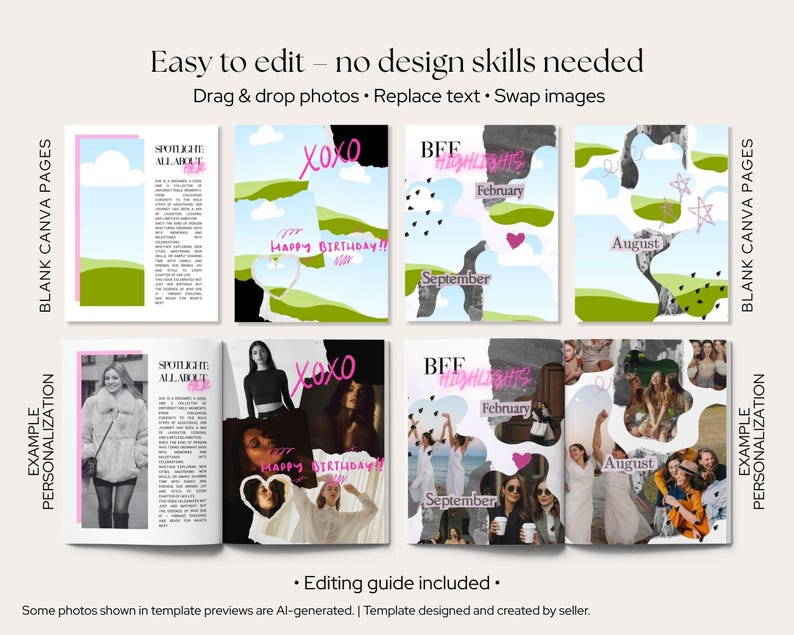 Pu&ograve; includere: Un set di modelli per scrapbook digitale con pagine Canva vuote ed esempi di personalizzazione. Il design include forme astratte, testo rosa scritto a mano come XOXO e Happy Birthday, ed etichette dei mesi come febbraio, settembre e agosto.