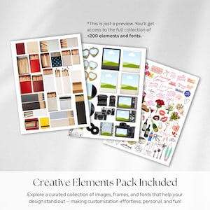 Puede incluir: Una colecci&oacute;n de elementos creativos, incluyendo im&aacute;genes, marcos y fuentes, se muestra. La imagen presenta elementos de dise&ntilde;o como cajas de cerillas, c&aacute;maras y pegatinas con las palabras "Love" y "Hello!". El texto "Creative Elements Pack Included" tambi&eacute;n es visible.