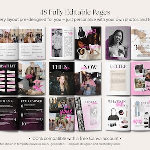 Pu&ograve; includere: Un set di modelli per scrapbook digitale con 48 pagine completamente modificabili e layout per foto e testo. Il design include sezioni come Birthday, Contents, This or That, Then and Now, Letter e What's in Her Bag con accenti neri, bianchi e rosa.