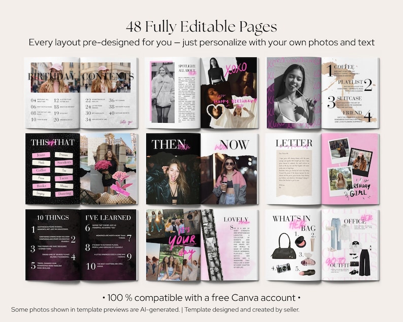 Pu&ograve; includere: Un set di modelli per scrapbook digitale con 48 pagine completamente modificabili e layout per foto e testo. Il design include sezioni come Birthday, Contents, This or That, Then and Now, Letter e What's in Her Bag con accenti neri, bianchi e rosa.