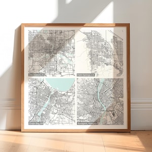 4 locaties digitale kaartafdruk, gepersonaliseerde kaartenposter, minimalisme muurkunstafdruk, elke stadskaart afdrukbaar, bestemmingen reizend decor