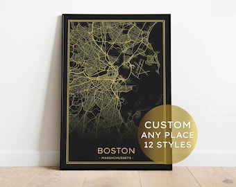 Custom Map Print, Custom Location Map, Minimalist Living Room Decor, Any City Map Wall Art, Personalised Gift, Black Gold Modern Print