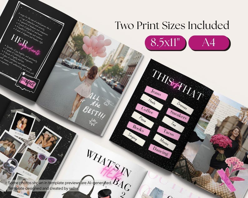 Pu&ograve; includere: Un set di modelli digitali con pagine in bianco e nero e accenti rosa, che include una ricetta per una persona, un gioco questo o quello e layout per collage di foto. Il testo include Two Print Sizes Included 8.5x11 e A4.
