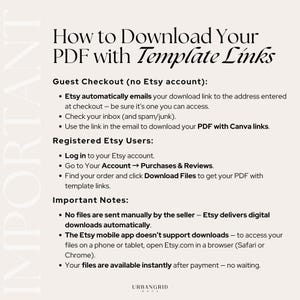 Puede incluir: Un gr&aacute;fico informativo color crema con el t&iacute;tulo "How to Download Your PDF with Template Links". El texto proporciona instrucciones para descargar archivos PDF en Etsy, incluso para usuarios invitados y registrados. El logotipo de UrbanGrid est&aacute; en la parte inferior.