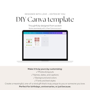 Puede incluir: Un port&aacute;til blanco muestra una plantilla de Canva DIY con el texto "DIY Canva template". La pantalla muestra un dise&ntilde;o con fotos, dise&ntilde;os, nombres, fechas, leyendas, fondos, colores, fuentes y estilos de texto personalizables. El texto dice "Designed with love - Edited by you."
