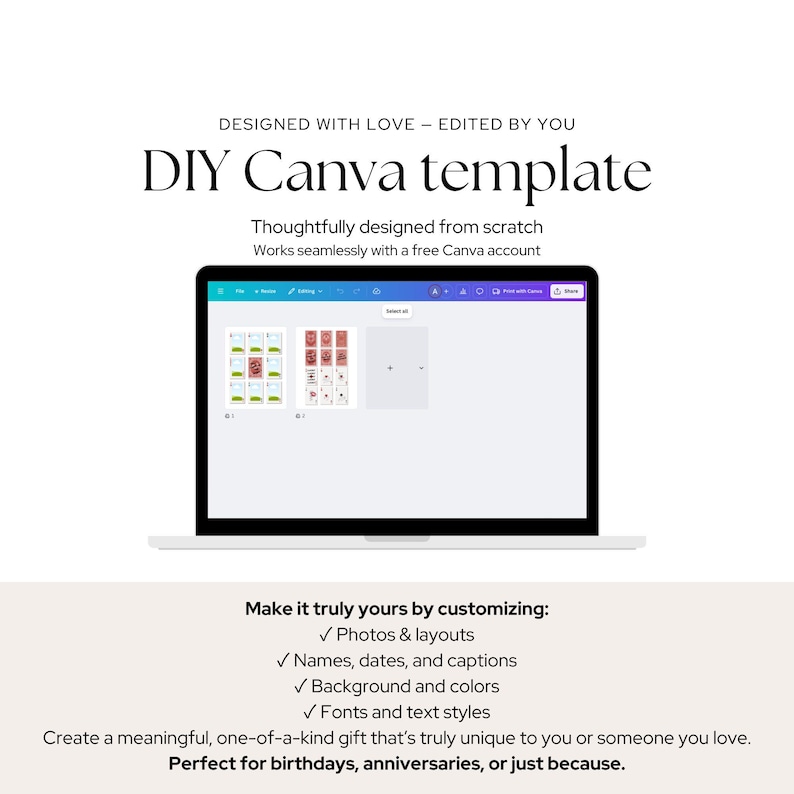 Puede incluir: Un port&aacute;til blanco muestra una plantilla de Canva DIY con el texto "DIY Canva template". La pantalla muestra un dise&ntilde;o con fotos, dise&ntilde;os, nombres, fechas, leyendas, fondos, colores, fuentes y estilos de texto personalizables. El texto dice "Designed with love - Edited by you."