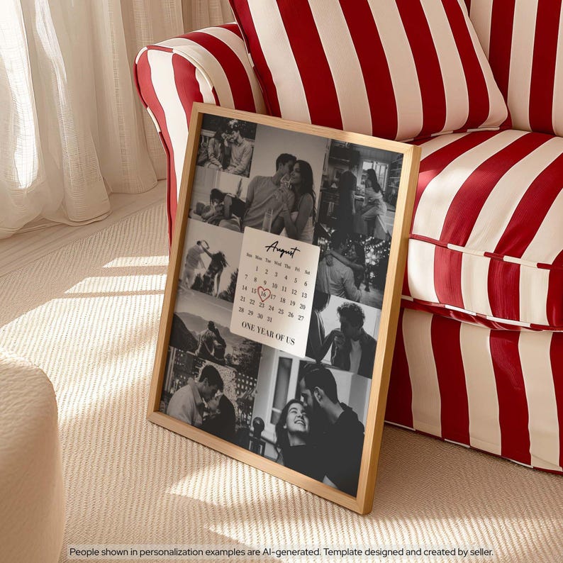 May include: A rectangular wooden frame containing a photo collage and a calendar for the month of August. The calendar features the text August, the dates of the month, a red heart around the 16th, and the text ONE YEAR OF US below the dates.