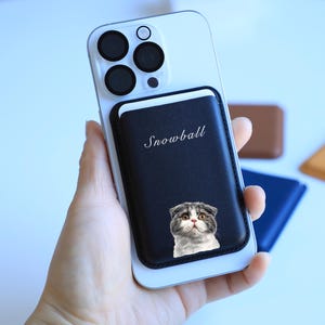 Carteira MagSafe personalizada para iPhone – Porta-cartões de couro personalizado com foto de animal de estimação – Presente em memória de gato e cachorro para amantes de animais de estimação