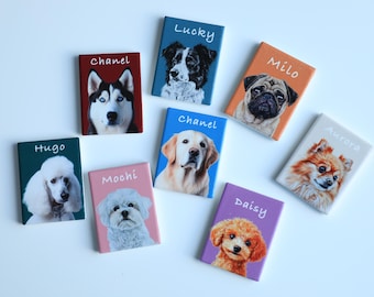 May include: Eight colorful square magnets with different dog breeds and names. The names are "Hugo", "Chanel", "Mochi", "Daisy", "Milo", "Lucky", "Aurora", and "Chanel".
