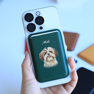 Portefeuille personnalisé MagSafe pour iPhone - Porte-cartes en cuir personnalisé - Cadeau avec photo et nom d'animal de compagnie - Accessoire chien chat pour propriétaires d'animaux de compagnie