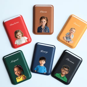 Portefeuille personnalisé en cuir MagSafe avec photo et nom de l'enfant - Porte-cartes iPhone personnalisé pour parents, cadeau pour bébé ou souvenir d'anniversaire