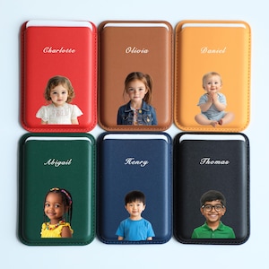 Cartera MagSafe personalizada con foto para niños: tarjetero de cuero personalizado para iPhone para papá o mamá, regalo para baby shower o cumpleaños de niños.