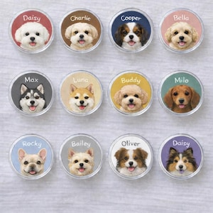 以下が含まれることがあります： さまざまな犬種が描かれた、透明な裏地が付いた12個の丸いピンのコレクション。各ピンにはカラフルな背景があり、犬の肖像画と白い文字で名前が書かれています。犬には、ハスキー、柴犬、キャバリア・キング・チャールズ・スパニエルが含まれます。