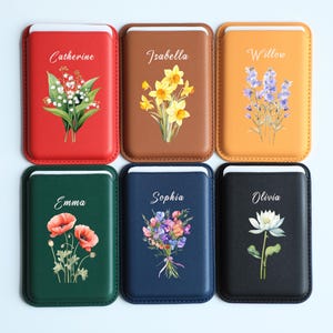 Aangepaste MagSafe-leren portemonnee gepersonaliseerde geboortebloemnaam, attent cadeau voor vrouwen, moeder, vriendin, verjaardag Moederdagcadeau voor haar