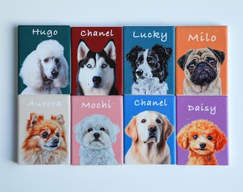 May include: Eight colorful square magnets with a dog breed on each. The magnets feature a poodle, husky, border collie, pug, pomeranian, maltese, golden retriever, and a poodle. Each magnet has a name written on it: Hugo, Chanel, Lucky, Milo, Aurora, Mochi, Chanel, and Daisy.