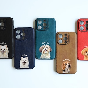 Custodia in pelle per iPhone 16/15/14/13/Pro con ritratto di animali domestici / Custodia personalizzata per telefono con cane e gatto / Regalo ideale per gli amanti degli animali