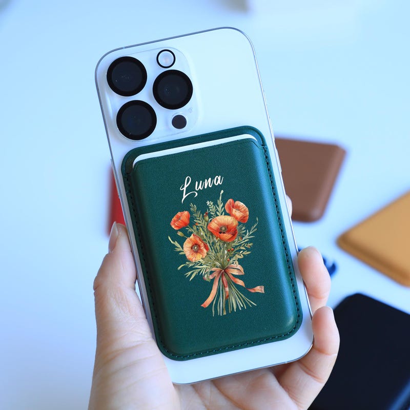 Personalized Leather MagSafe Wallet, Birth Flower Engraved Phone Wallet
