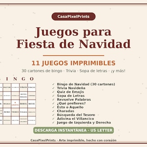 Op de afbeelding: Een printbare kerstfeestspellen-set van CasaPixelPrints met 11 spellen, waaronder bingo, trivia en woordzoekers. Het document bevat een 5x5 bingokaart en een lijst met speltitels in het Spaans op een crèmekleurige achtergrond met bruine tekst.